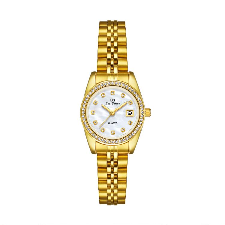 BS Bee Sister FA1787 Women Steel Band Dress Watch Rhinestone Bezel Analog Wristwatch with Date Calendar — Gold Pink