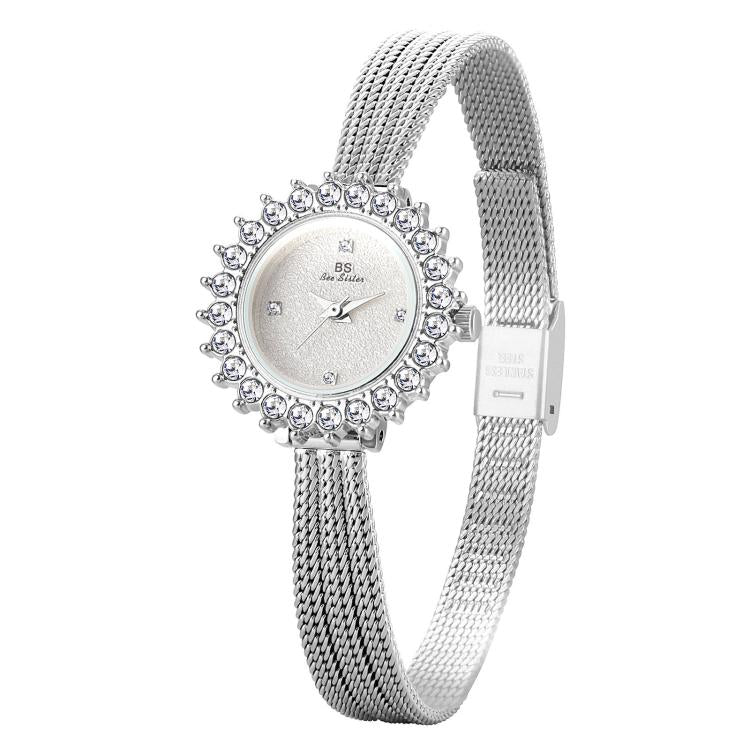 BS Bee Sister FA1833 Women Jewelry Bracelet Watch Vintage Floral Rhinestone Bezel Analog Wristwatch with Woven Mesh Band — Gold White