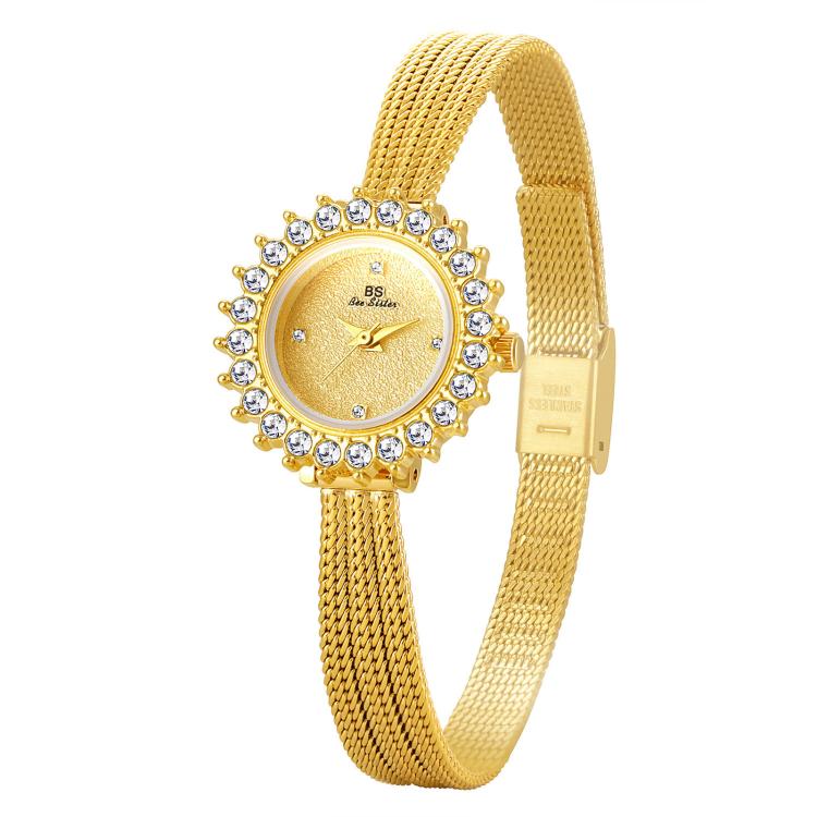 BS Bee Sister FA1833 Women Jewelry Bracelet Watch Vintage Floral Rhinestone Bezel Analog Wristwatch with Woven Mesh Band — Silver