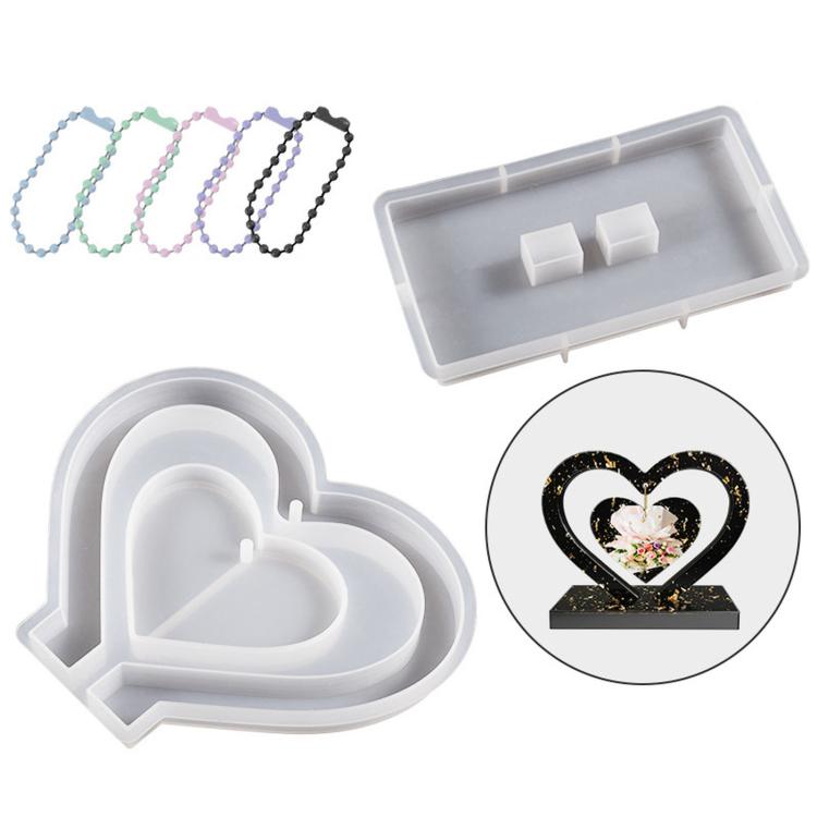 Heart Photo Frame Resin Mold Silicone Set Hanging Picture Frame Casting Mold — With 10 Silver Bead Chains