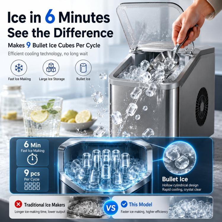 Portable Ice Maker Countertop 9 Cubes In 6-8 Mins Compact Ice Machine For RV Home