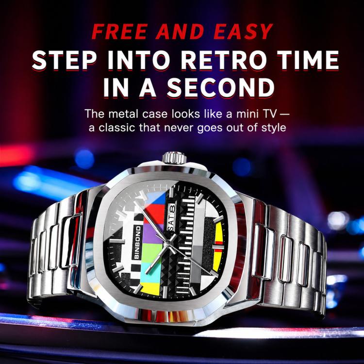 BINBOND B1984 Retro Men Quartz Watch Vintage TV Signal Test Pattern Dial Luminous Hands Analog Wristwatch — view 4