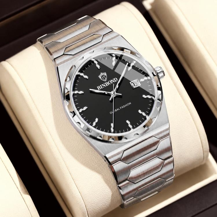 BINBOND B3371 Mens Quartz Watch Stainless Steel Bracelet Casual Wrist Watch with Date — Stainless Steel – White Dial