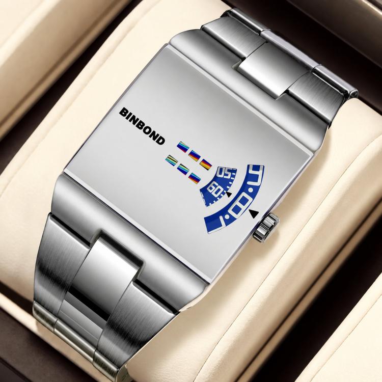 BINBOND B676 Mens Square Quartz Watch Needle Free Turntable Dial Stainless Steel Waterproof Wrist Watch — White Steel – Blue Dial
