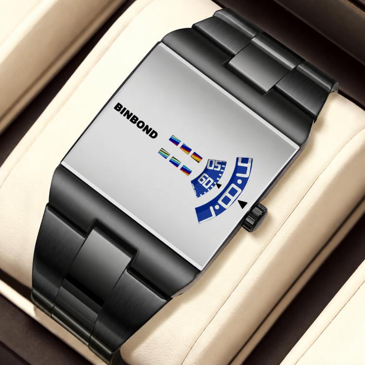 BINBOND B676 Mens Square Quartz Watch Needle Free Turntable Dial Stainless Steel Waterproof Wrist Watch — Black Steel – Blue Dial
