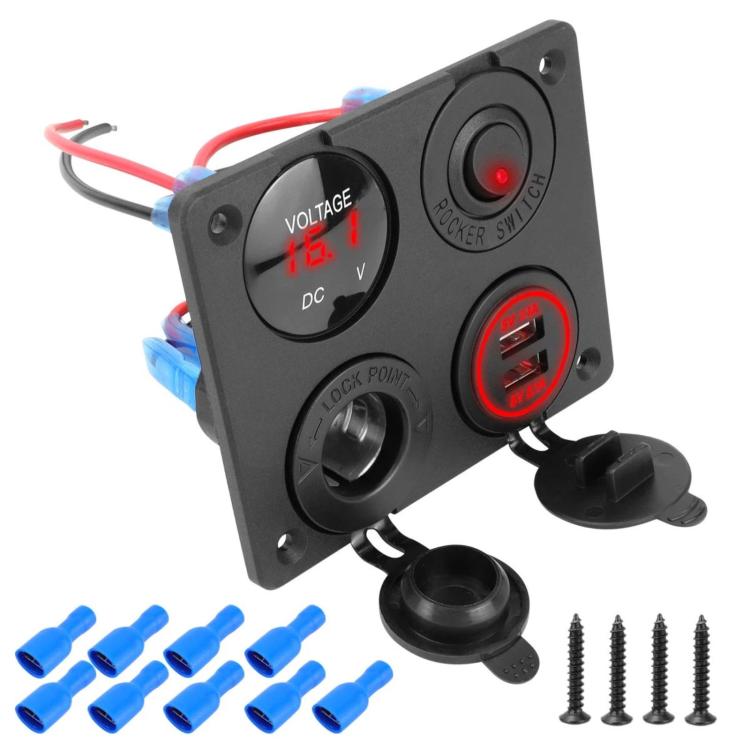 Cigarette Lighter Voltmeter 4.2A Dual USB Car Four-hole Panel Switch — Green Wired