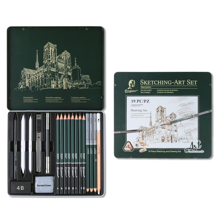 Sketching Pencil Set With Metal Tin Case Graphite Charcoal Drawing Pencils & Art Accessories Kit — Giorgione  12 In 1