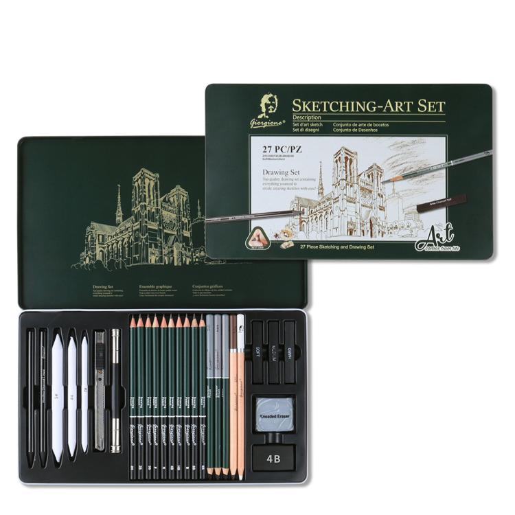 Sketching Pencil Set With Metal Tin Case Graphite Charcoal Drawing Pencils & Art Accessories Kit — Giorgione  19 In 1