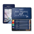Water-Soluble Colored Pencil Set in Metal Tin Triangular Watercolor Pencils with Paint Brush