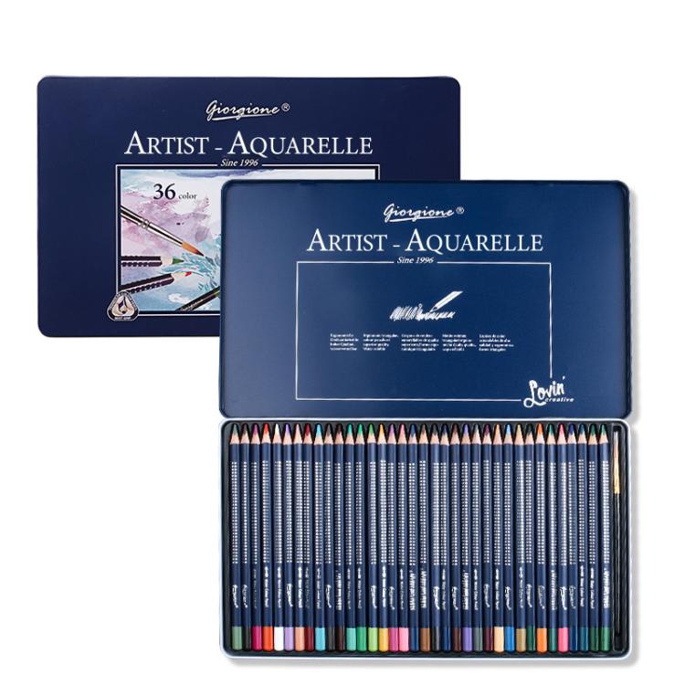 Water-Soluble Colored Pencil Set in Metal Tin Triangular Watercolor Pencils with Paint Brush — Giorgione 36 Colors