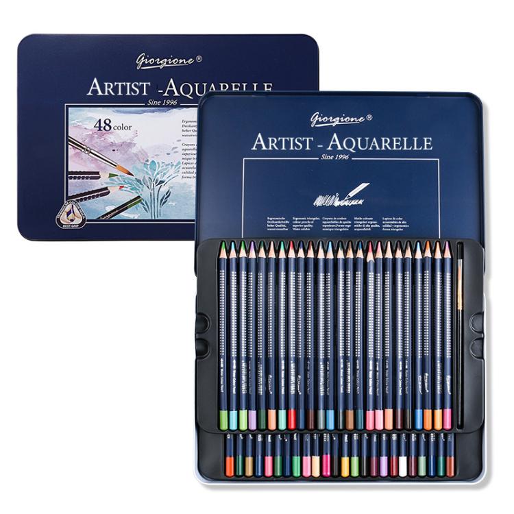 Water-Soluble Colored Pencil Set in Metal Tin Triangular Watercolor Pencils with Paint Brush — Giorgione 48 Colors