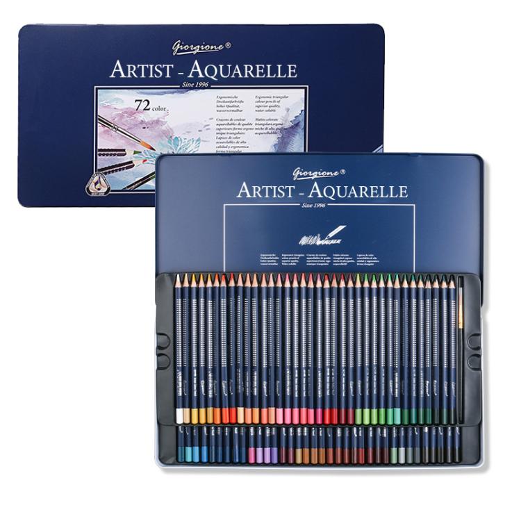 Water-Soluble Colored Pencil Set in Metal Tin Triangular Watercolor Pencils with Paint Brush — Giorgione 72 Colors