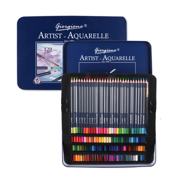 Water-Soluble Colored Pencil Set in Metal Tin Triangular Watercolor Pencils with Paint Brush — Giorgione 120 Colors