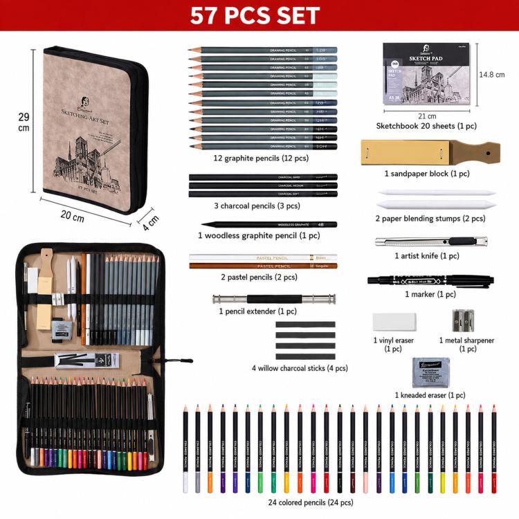 Sketching And Colored Pencil Art Set With Sketchbook In Suede Nubuck Leather Zippered Organizer Case — Giorgione 57 In 1