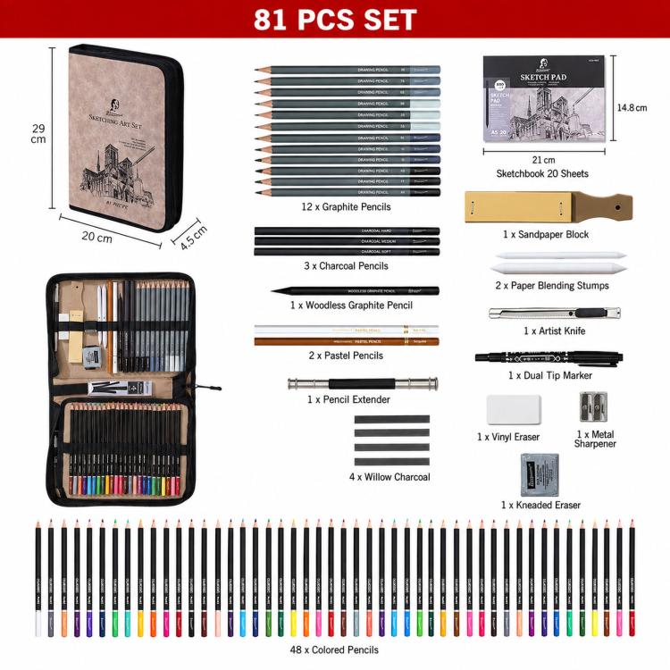 Sketching And Colored Pencil Art Set With Sketchbook In Suede Nubuck Leather Zippered Organizer Case — Giorgione 81 In 1