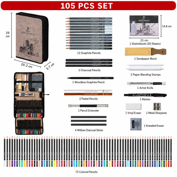 Sketching And Colored Pencil Art Set With Sketchbook In Suede Nubuck Leather Zippered Organizer Case — Giorgione 105 In 1