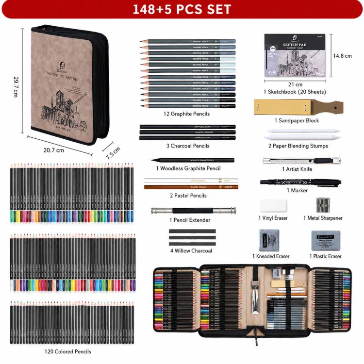 Sketching And Colored Pencil Art Set With Sketchbook In Suede Nubuck Leather Zippered Organizer Case — Giorgione 153 In 1