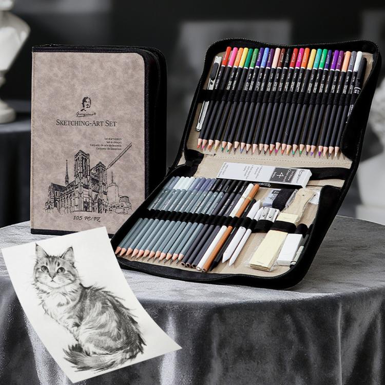 Sketching And Colored Pencil Art Set With Sketchbook In Suede Nubuck Leather Zippered Organizer Case — view 7