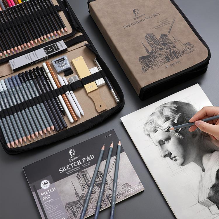 Sketching And Colored Pencil Art Set With Sketchbook In Suede Nubuck Leather Zippered Organizer Case — view 8
