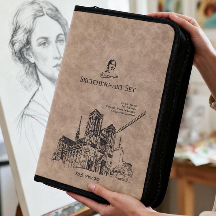 Sketching And Colored Pencil Art Set With Sketchbook In Suede Nubuck Leather Zippered Organizer Case — view 11
