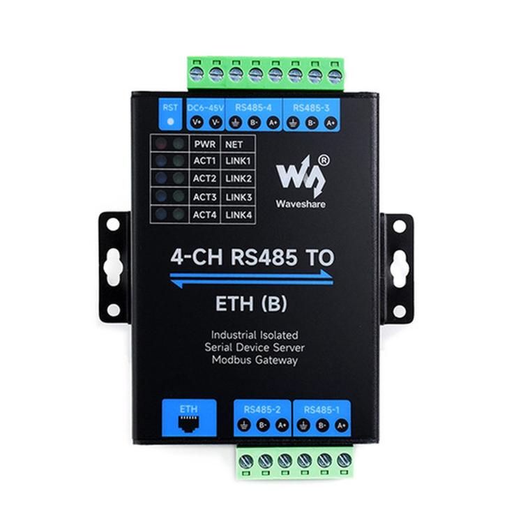 WAVESHARE 4-Ch RS485 To RJ45 Ethernet Serial Server, 4 Channels RS485 Independent Operation, Rail-mount Industrial Isolated Serial Module