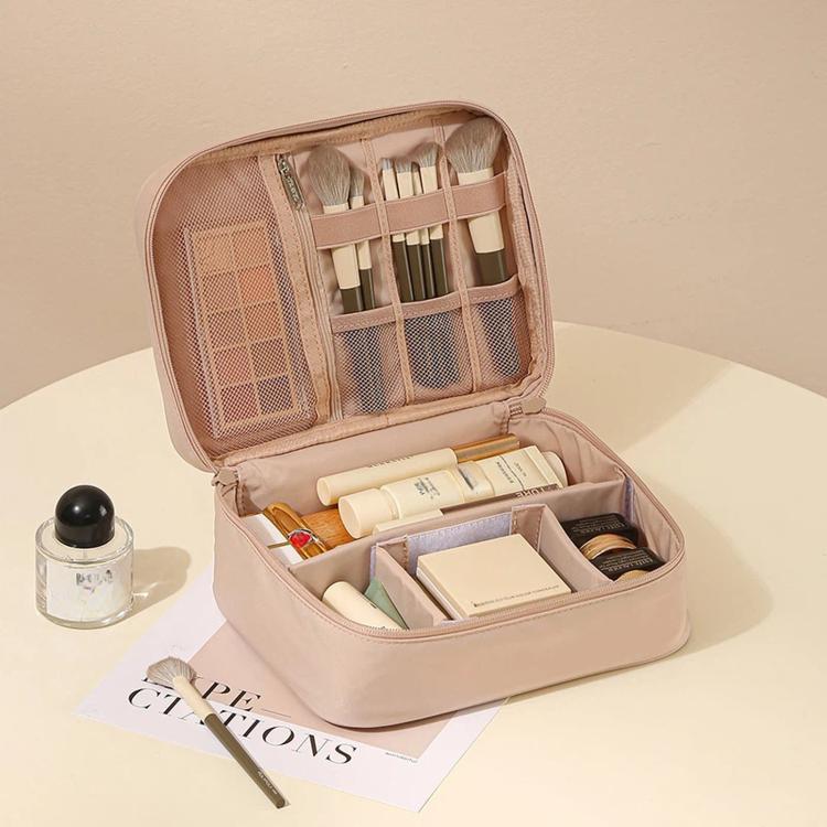 Travel Makeup Bag Cosmetic Bag Organizer with Adjustable Dividers & Brush Holder Slots — Single Layer Black