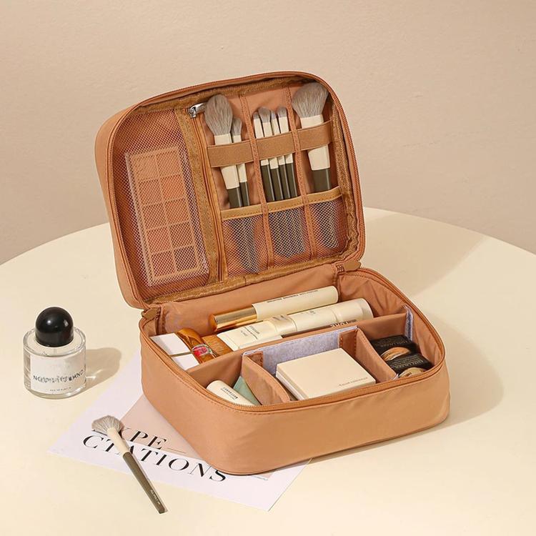 Travel Makeup Bag Cosmetic Bag Organizer with Adjustable Dividers & Brush Holder Slots — Single Layer Pink