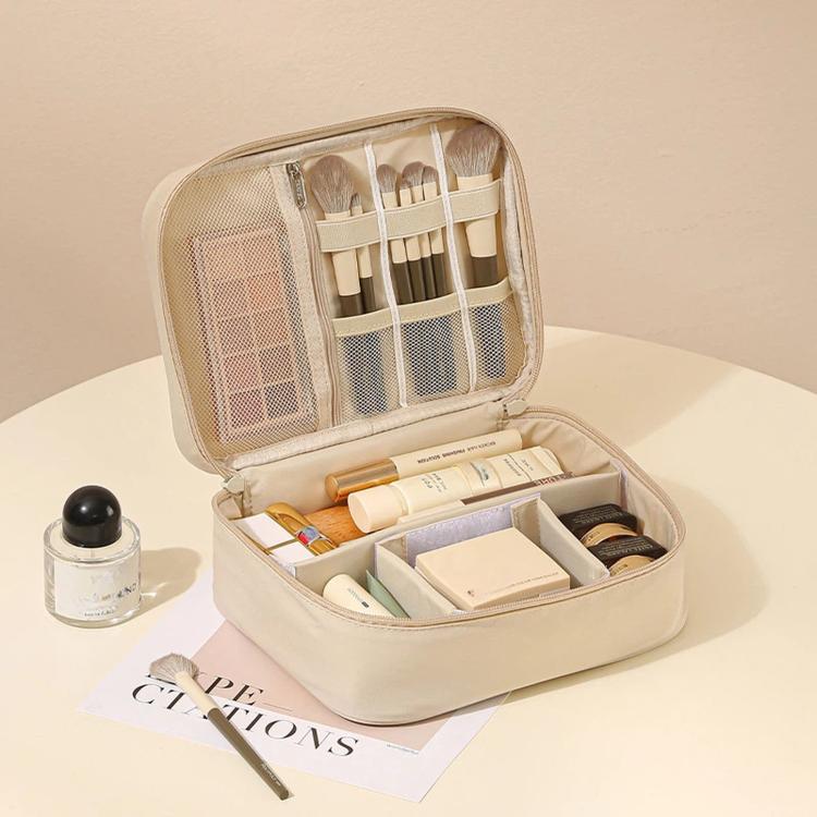 Travel Makeup Bag Cosmetic Bag Organizer with Adjustable Dividers & Brush Holder Slots — Single Layer Brown
