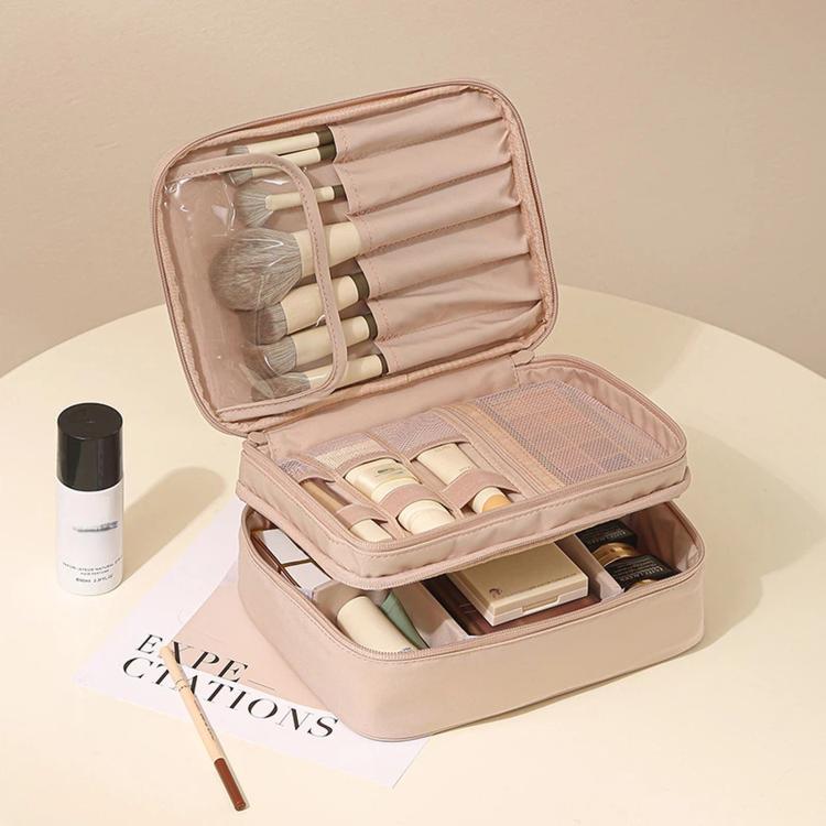 Travel Makeup Bag Cosmetic Bag Organizer with Adjustable Dividers & Brush Holder Slots — Single Layer Beige