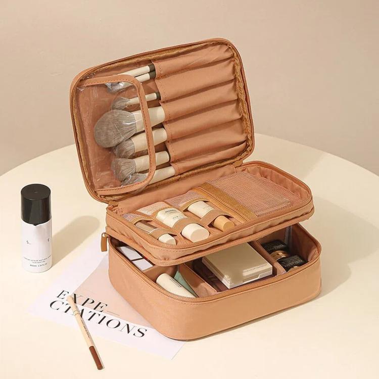 Travel Makeup Bag Cosmetic Bag Organizer with Adjustable Dividers & Brush Holder Slots — Double Layer Pink