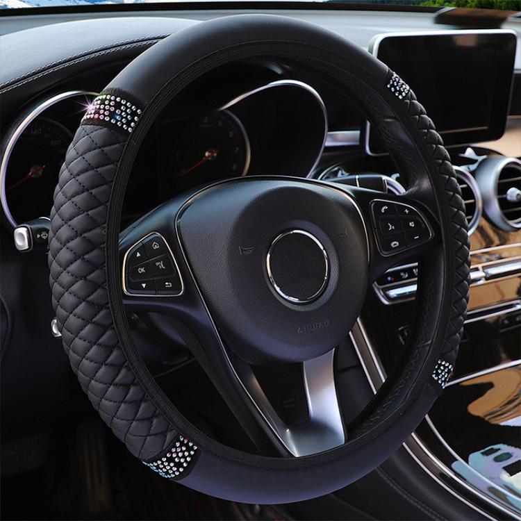 Bling Rhinestone Leather Steering Wheel Cover For Women Quilted Car Steering Wheel Wrap Protector