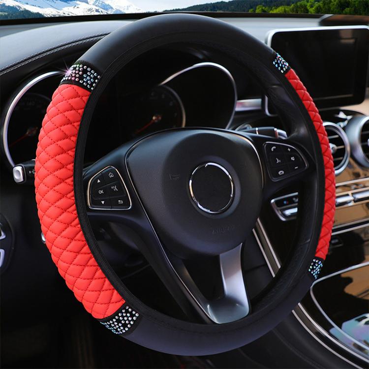Bling Rhinestone Leather Steering Wheel Cover For Women Quilted Car Steering Wheel Wrap Protector — Black