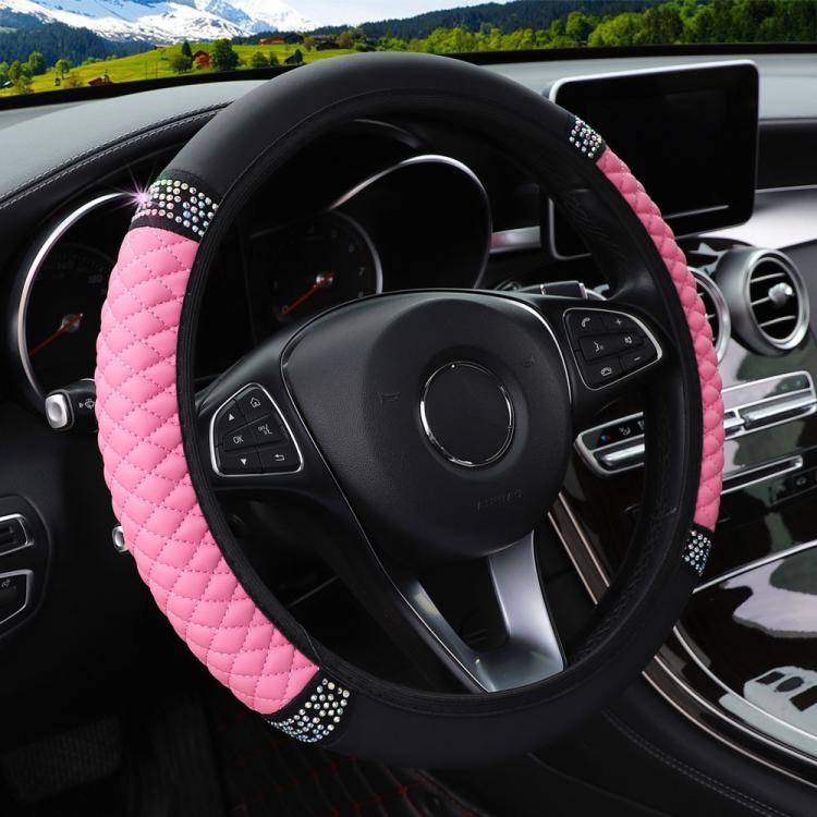 Bling Rhinestone Leather Steering Wheel Cover For Women Quilted Car Steering Wheel Wrap Protector — Blue