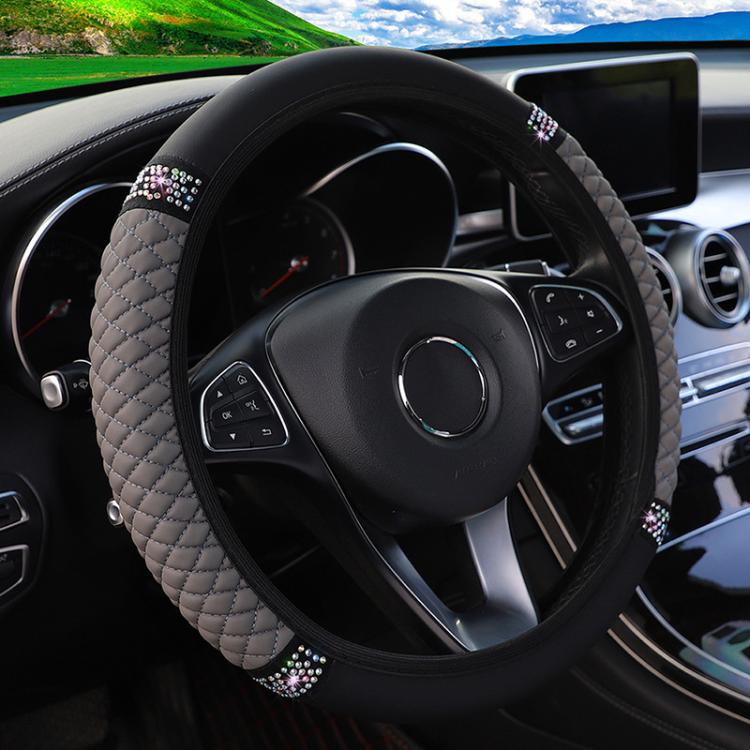 Bling Rhinestone Leather Steering Wheel Cover For Women Quilted Car Steering Wheel Wrap Protector — Pink