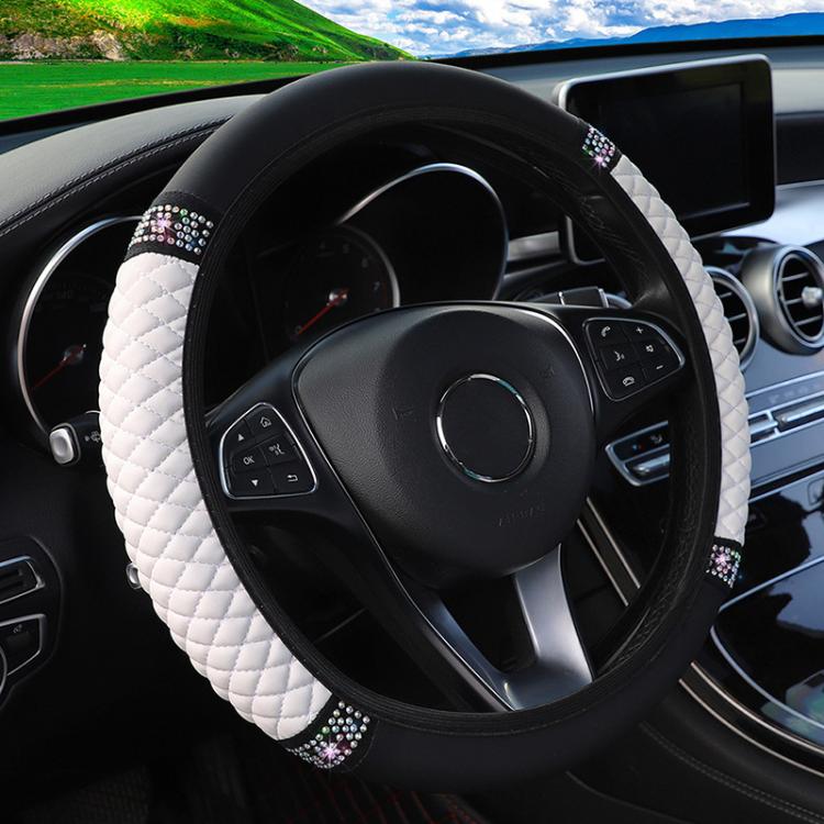 Bling Rhinestone Leather Steering Wheel Cover For Women Quilted Car Steering Wheel Wrap Protector — Grey