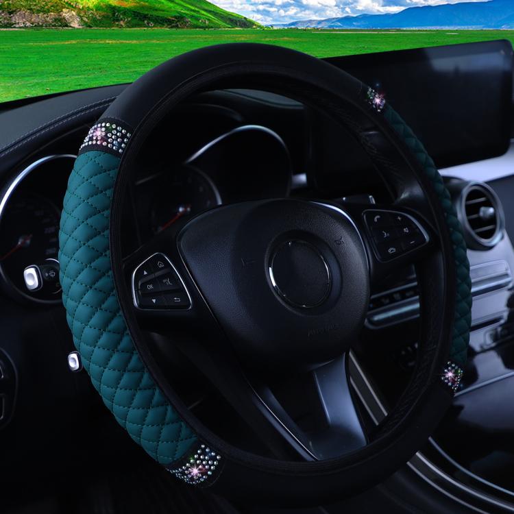 Bling Rhinestone Leather Steering Wheel Cover For Women Quilted Car Steering Wheel Wrap Protector — White