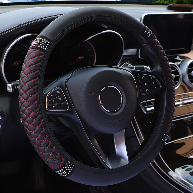 Bling Rhinestone Leather Steering Wheel Cover For Women Quilted Car Steering Wheel Wrap Protector — Ink Green