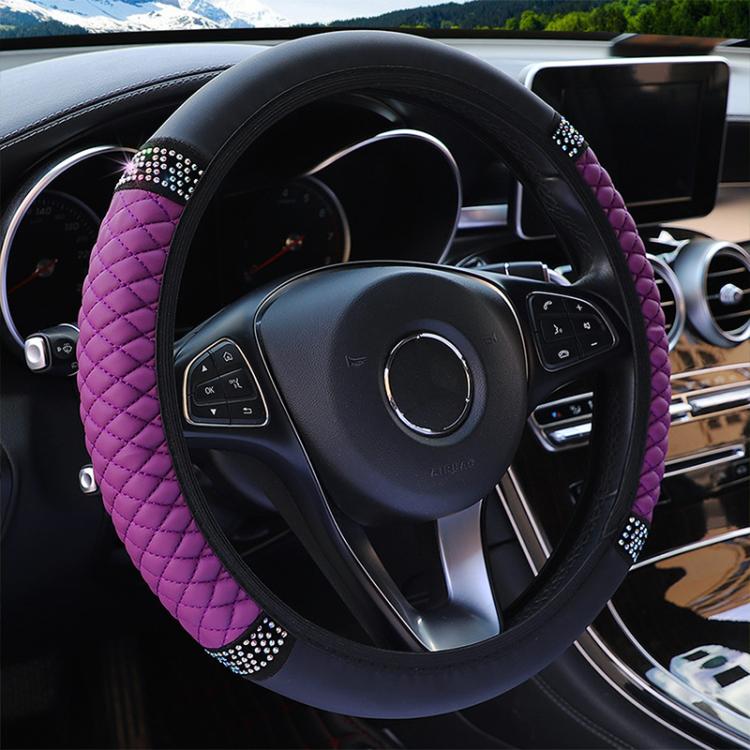 Bling Rhinestone Leather Steering Wheel Cover For Women Quilted Car Steering Wheel Wrap Protector — Black Red