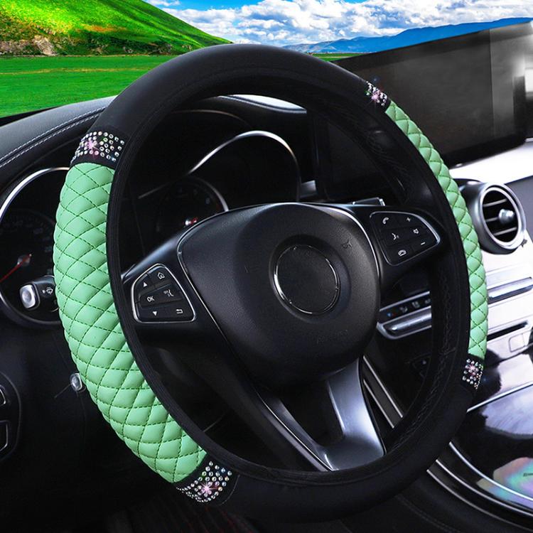 Bling Rhinestone Leather Steering Wheel Cover For Women Quilted Car Steering Wheel Wrap Protector — Wine Red