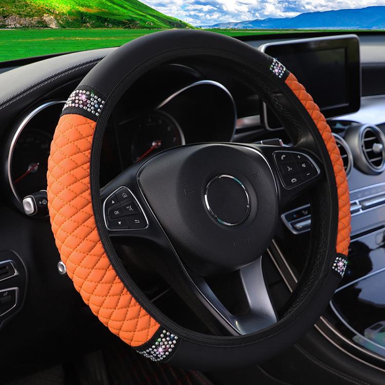 Bling Rhinestone Leather Steering Wheel Cover For Women Quilted Car Steering Wheel Wrap Protector — Beige