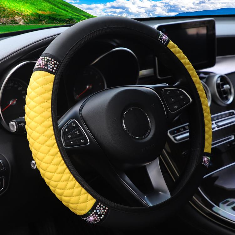 Bling Rhinestone Leather Steering Wheel Cover For Women Quilted Car Steering Wheel Wrap Protector — Orange