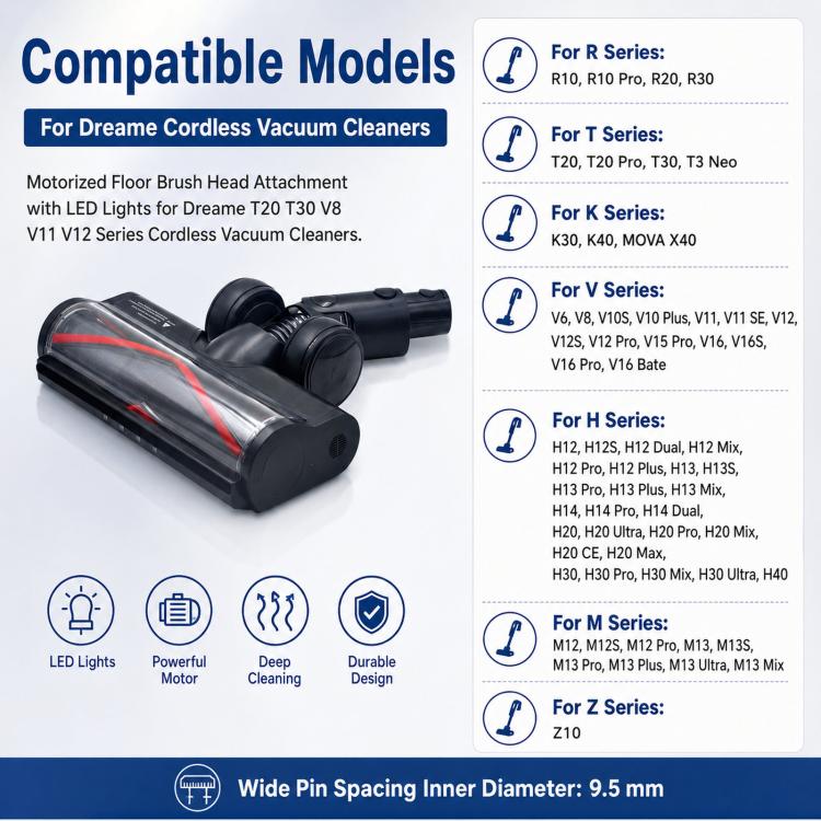 With LED Lights For Dreame T20 T30 V8 V11 V12 Series Cordless Vacuum Cleaners, Motorized Floor Brush Head — view 6