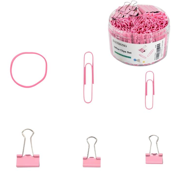 Binder Clips Office Document Paper Ticket Clips Rubber Band Set — Pink 380pcs /Set