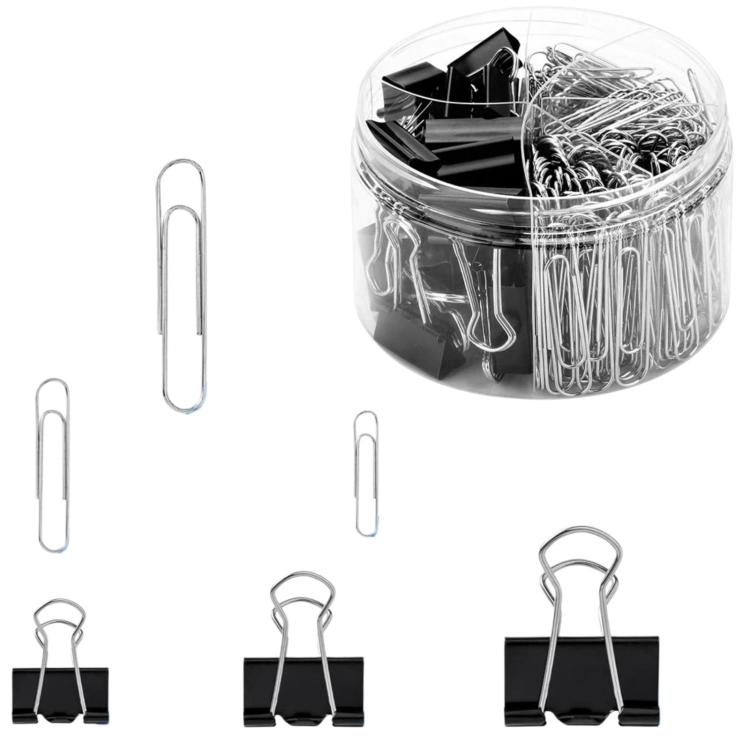 Binder Clips Office Document Paper Ticket Clips Rubber Band Set — Black Silver 340pcs /Set