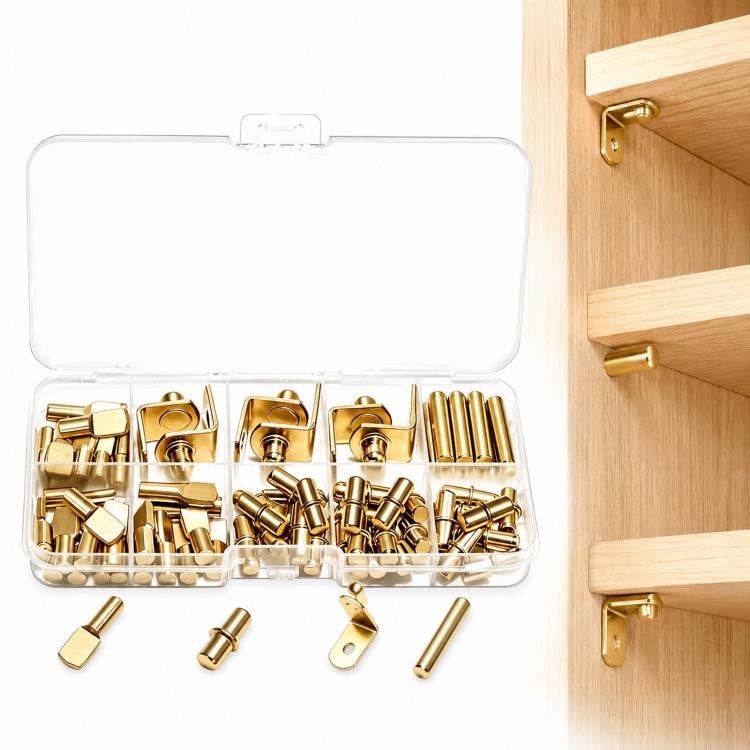 64 PCS/Pack Shelf Pegs Kit 4 Assorted Styles Shelf Support Pins Brackets Assortment with Storage Box