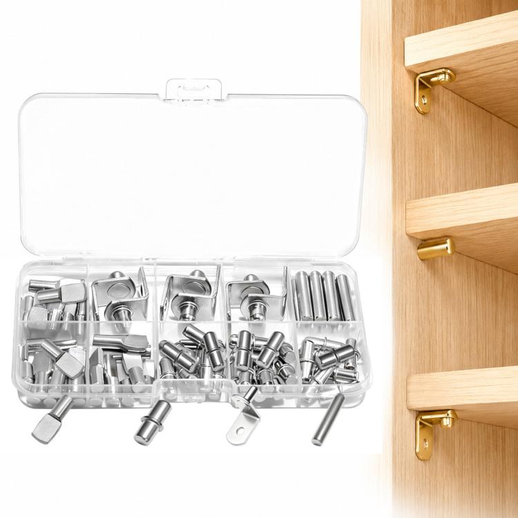 64 PCS/Pack Shelf Pegs Kit 4 Assorted Styles Shelf Support Pins Brackets Assortment with Storage Box — 64 PCS/Pack Gold