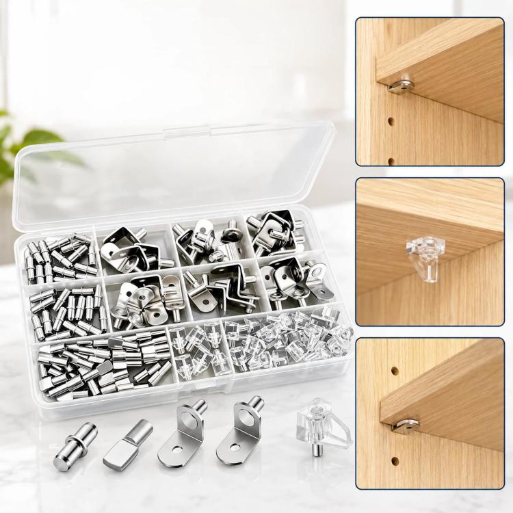 112 PCS/Box Shelf Pegs Kit 5 Assorted Styles Metal & Clear Plastic Shelf Support Pins Brackets Assortment with Organizer Box