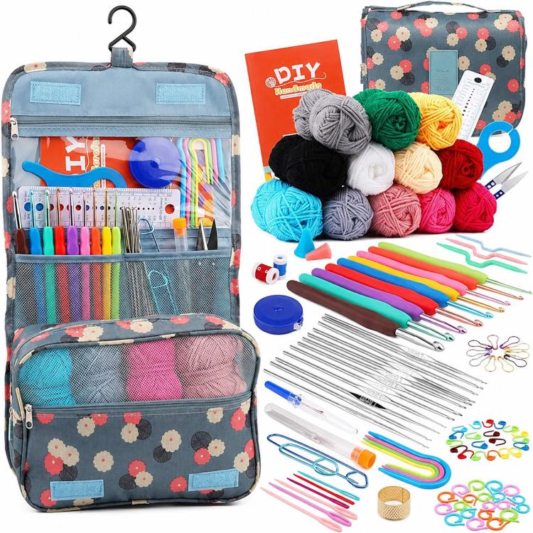 Crochet Kit for Beginners Crochet Hooks Set with 12 Colors Yarn, Hanging Storage Bag, 130 In 1