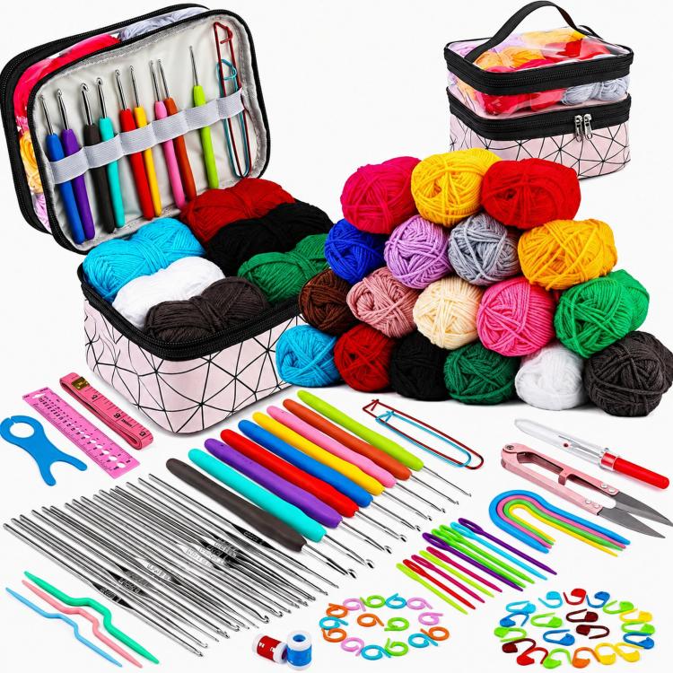 Crochet Kit for Beginners with 18 Colors Yarn Dual Layer Storage Bag, 105 In 1