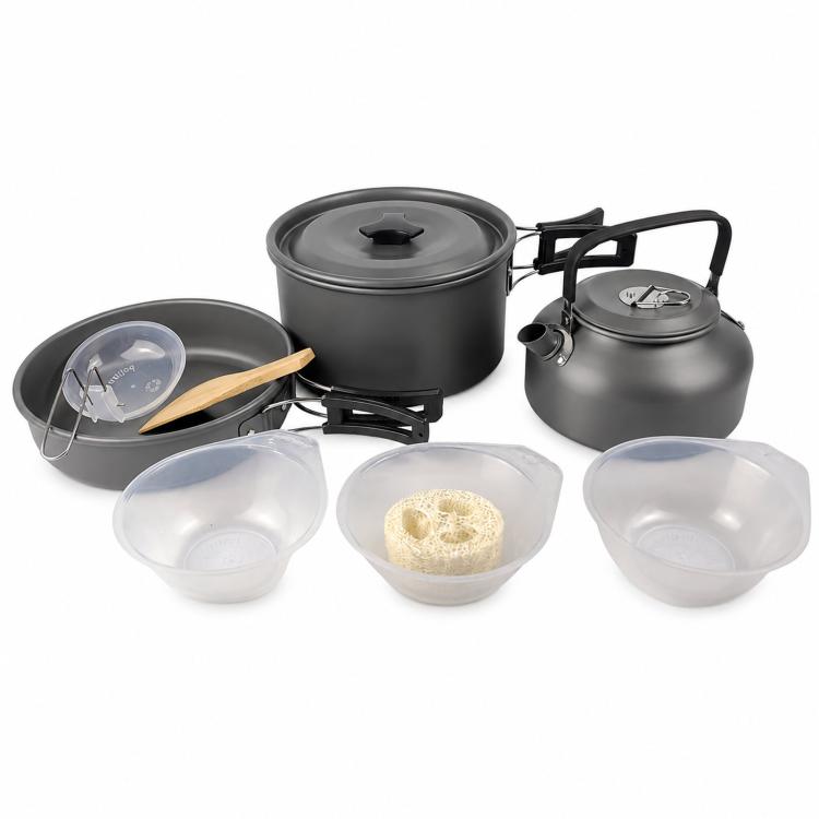 9 PCS/Box AOTU AT6384-1 Camping Cookware Mess Kit Hard Anodized Aluminum Pots Pans Kettle Set With Bowls — Green